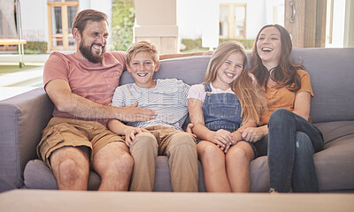 Buy stock photo Happy, family and relax on a sofa with kids and parents laughing in a living room together, cheerful and content. Love, happy family and children share joke with mother and dad on couch in Australia 