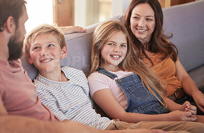 Buy stock photo Relax, happy and smile with family on sofa for quality time, bonding and affectionate together. Weekend, rest and happiness with parents and children in living room at home for care, joy and content