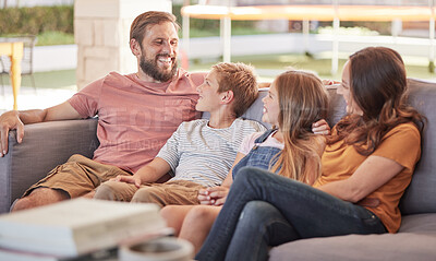 Buy stock photo Happy family, sofa and relax together, laugh and funny joke with smile, happiness and sitting in home. Father, mother and young kids on couch with bonding, comic and love in lounge at holiday house