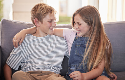 Buy stock photo Love, family and sister with brother on a sofa, laughing and relax while having fun in their home together. Happy, siblings and girl with boy on a couch, enjoy bonding moment in living room in Russia