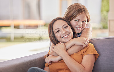 Buy stock photo Portrait, family and mother with girl in on sofa, bonding and enjoying quality time together. Support, care and love of daughter or kid hugging mom on couch, smiling and laughing on weekend at house.