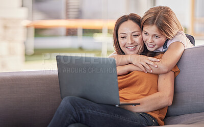 Buy stock photo Technology, girl and happy mother on social media with laptop app, watch funny movie or happy on the internet on the sofa in their house. Child and mom streaming video internet with computer on couch