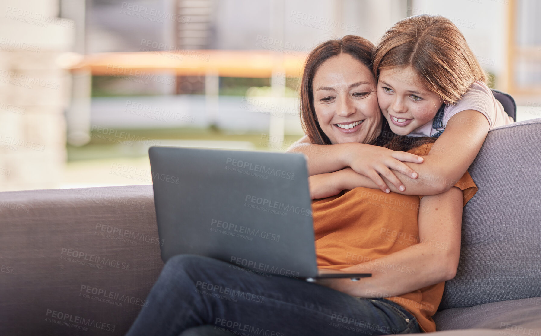 Buy stock photo Technology, girl and happy mother on social media with laptop app, watch funny movie or happy on the internet on the sofa in their house. Child and mom streaming video internet with computer on couch