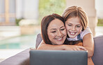 Mom, child and sofa with laptop, smile or happy for video, streaming or movie on internet. Couch, mother and daughter with hug, bonding or love for movies on web, app or subscription service in home