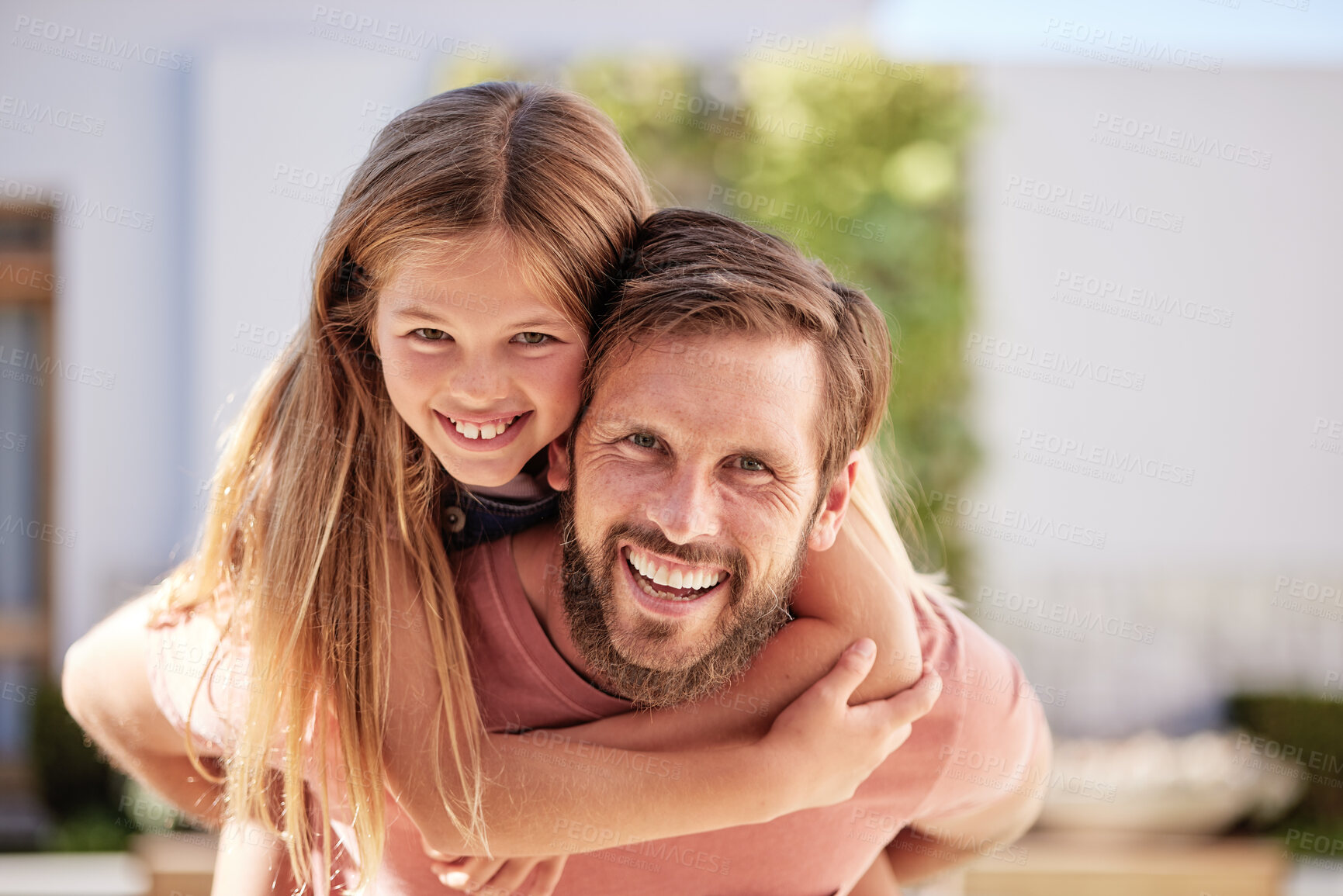 Buy stock photo Portrait father piggy back girl in garden for fun, bonding and quality time with love, care and happiness together. Happy, excited and young kid relax with smile dad in backyard, outdoors and freedom