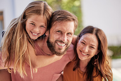 Buy stock photo Happy family love, hug and fun portrait of mother, father and kid play outdoor games together for bonding time. Youth growth, childhood memory and face of mom, dad and young girl piggyback papa