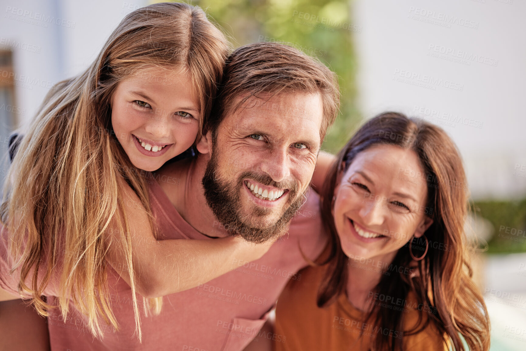 Buy stock photo Happy family love, hug and fun portrait of mother, father and kid play outdoor games together for bonding time. Youth growth, childhood memory and face of mom, dad and young girl piggyback papa