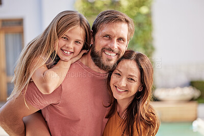 Buy stock photo Bonding, happy and parents with child in the garden of their family home for summer, smile and relax. Real estate, peace and portrait of a girl kid with mother and father in the backyard of the house