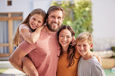 Buy stock photo Happy family, hug and portrait outdoor with mother, dad and children bonding with love and care. Parents, kid and happiness of a big family smile about new home and summer fun in a house garden