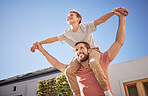 Family, love and airplane game with father and son in a garden, relax and having fun against a blue sky background. Happy, parent and child playing a game in a backyard, laughing and enjoy outdoors