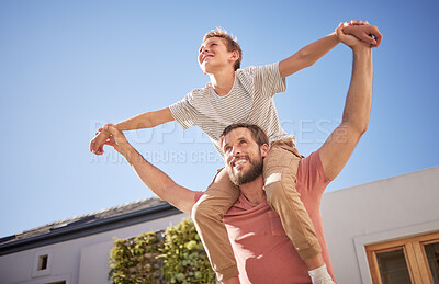 Buy stock photo Family, love and airplane game with father and son in a garden, relax and having fun against a blue sky background. Happy, parent and child playing a game in a backyard, laughing and enjoy outdoors