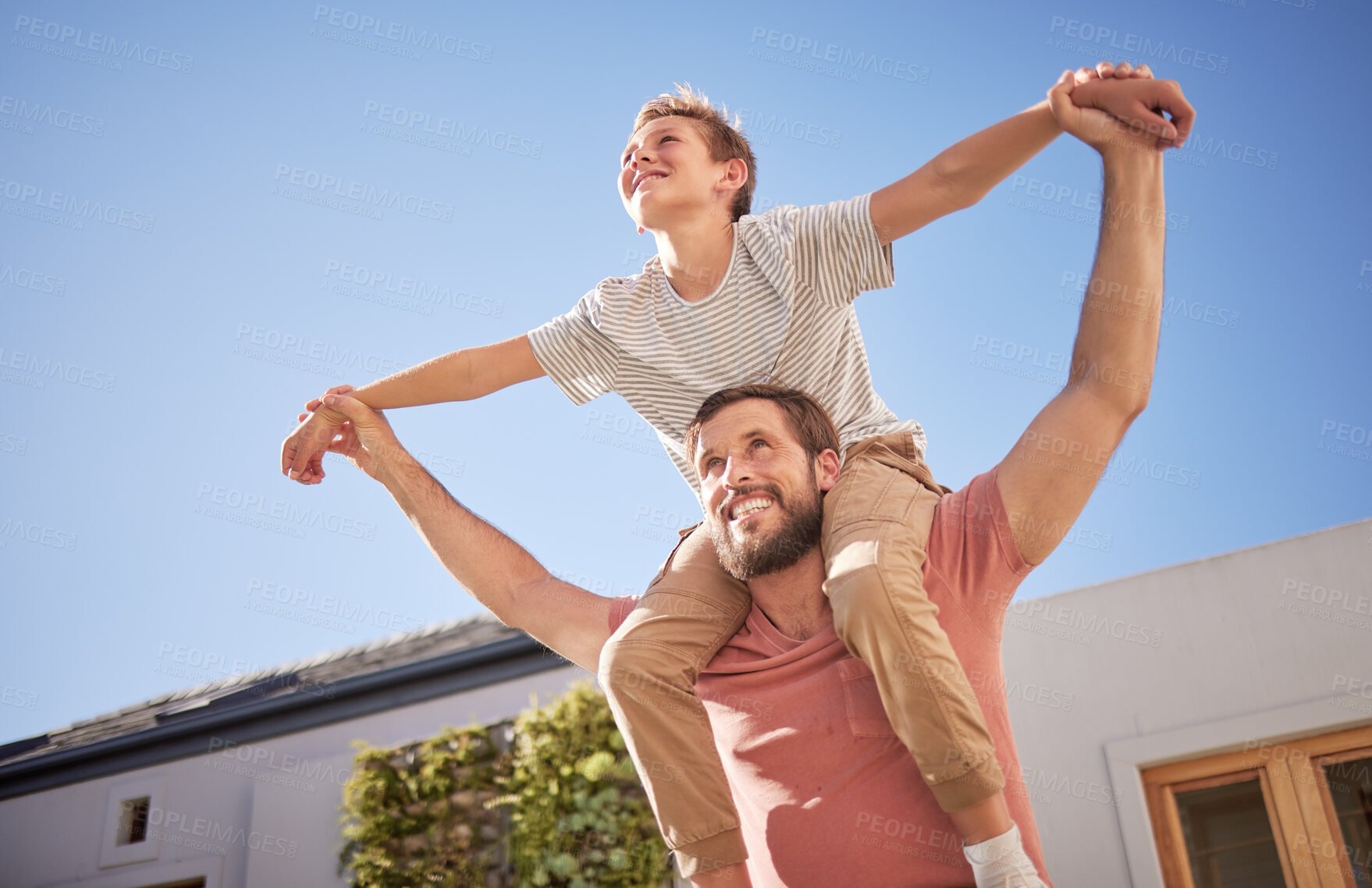 Buy stock photo Family, love and airplane game with father and son in a garden, relax and having fun against a blue sky background. Happy, parent and child playing a game in a backyard, laughing and enjoy outdoors