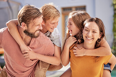 Buy stock photo Happy family and kids piggy back in a garden with parents, happy and playful while bonding, laughing and enjoying fun. Family, kids and cheerful mother with dad in backyard for fun on the weekend