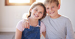 Boy, girl and family portrait, love and hug with smile, happy or at family home with, care, support or relax in home. Children, teen and siblings with happiness, living room and together in amsterdam