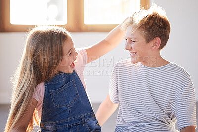 Buy stock photo Friends, love and children smile for funny, crazy and happiness together. on vacation. Brother, sister and kids friendship support or best friends comic laughing, smile and happy kids in family home 