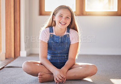 Buy stock photo Portrait of happy girl, kid and child on living room floor, carpet and ground for fun, play and happiness alone. Excited youth, smile children and one female relax in lounge, house and family home 