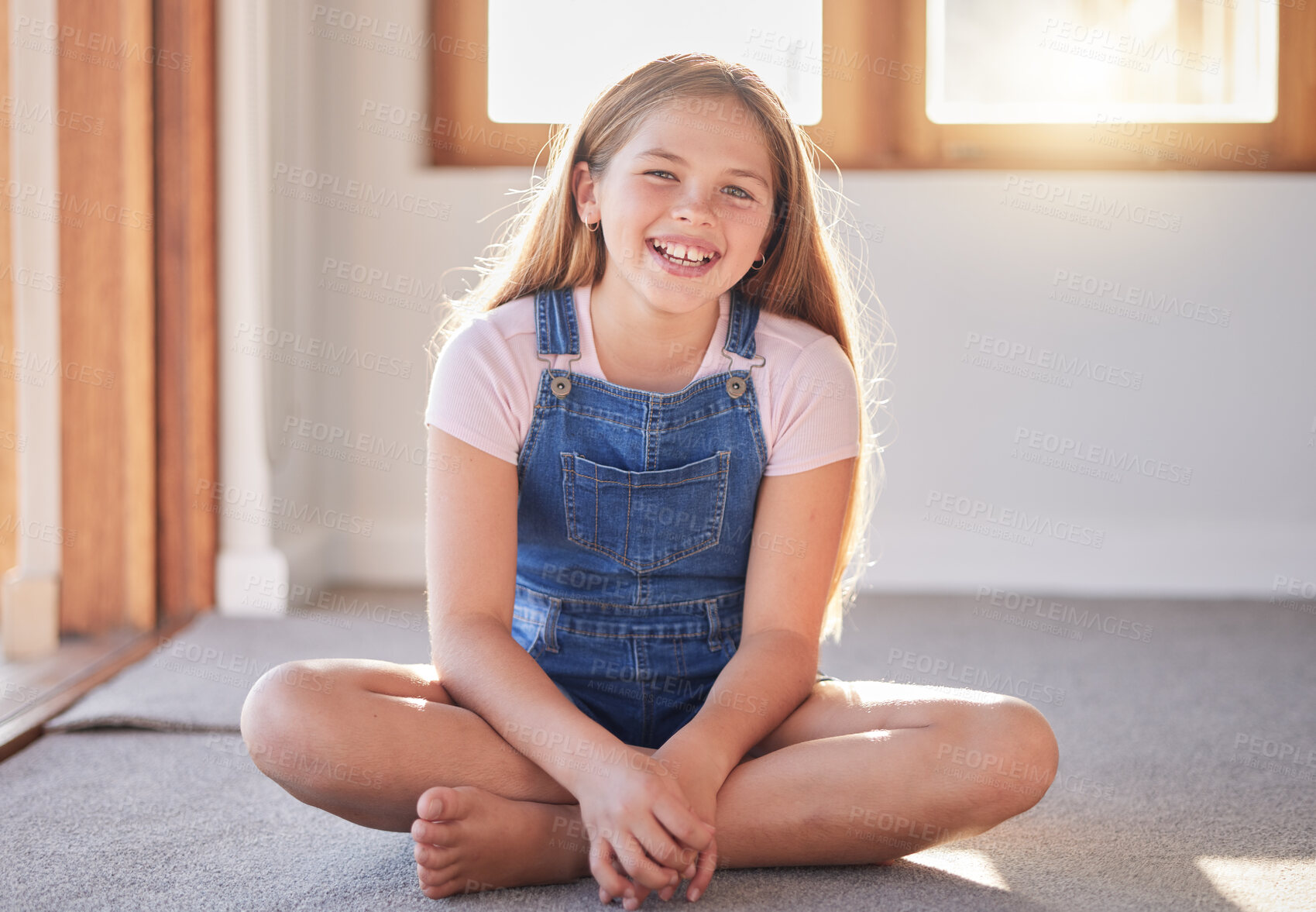 Buy stock photo Portrait of happy girl, kid and child on living room floor, carpet and ground for fun, play and happiness alone. Excited youth, smile children and one female relax in lounge, house and family home 