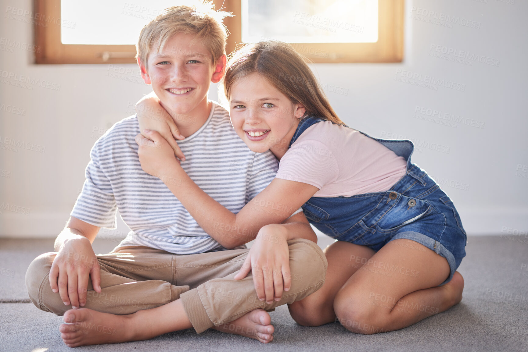 Buy stock photo Home, kids portrait and hug of siblings or friends with youth fun and happiness together. Girl and child bonding, smiling and hugging with young friendship or sibling love on a house floor happy 