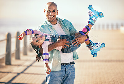 Buy stock photo Family, children and roller skating with a father and daughter on the promenade at the beach during summer. Kids, love and sports with a man and girl bonding together on roller skates for a hobby