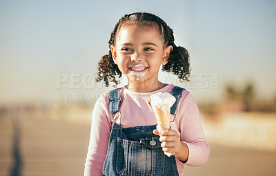 Buy stock photo Girl, child and eating ice cream in city, street or urban road outdoors. Happy, smile and black kid enjoying fresh delicious gelato or dessert on a hot summer day, smiling and having fun time alone.