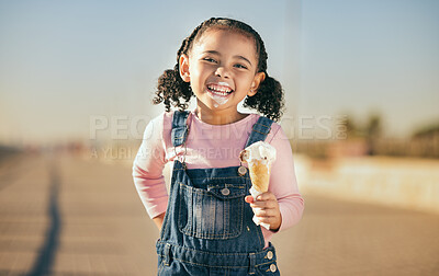 Buy stock photo Summer, ice cream and happy portrait of child with smile and dripping face walking on street. Happiness, dessert and small girl laughing with ice cream cone and messy mouth, fun and enjoying holiday.