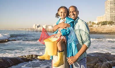 Buy stock photo Father, child and family fishing trip at sea learning about nature and having fun on vacation in summer. Portrait of man and girl together teaching kid about fish with beach bucket and net at ocean