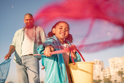 Buy stock photo Beach, fishing and father and child with net for leisure activity, outdoor fun and bonding on Fathers Day. Love, freedom peace and happy family portrait of Mexico dad and kid girl playing bottom view