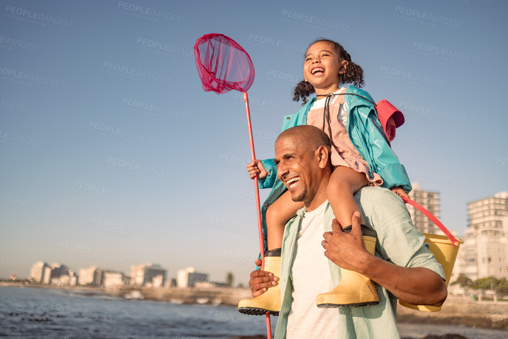 Buy stock photo Family, children and piggyback with a father and daughter fishing while walking on the beach promenade. Nature, sky travel with a man and girl bonding together during summer vacation or holiday