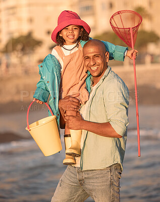 Buy stock photo Portrait, children and fishing with a father and daughter at the beach for bonding on summer vacation. Kids, family and love with a black man and girl together outdoor in nature with a net and bucket