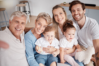 Buy stock photo Selfie, family and children with grandparents, parents and girl siblings taking a photograph in a living room together. Kids, portrait and happy with a man, woman and daughter posing for a picture