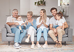 Big family, grandparents and children on sofa in living room for holiday, baby language communication learning and love together. Happy, senior people with mother, father and kids on couch bonding