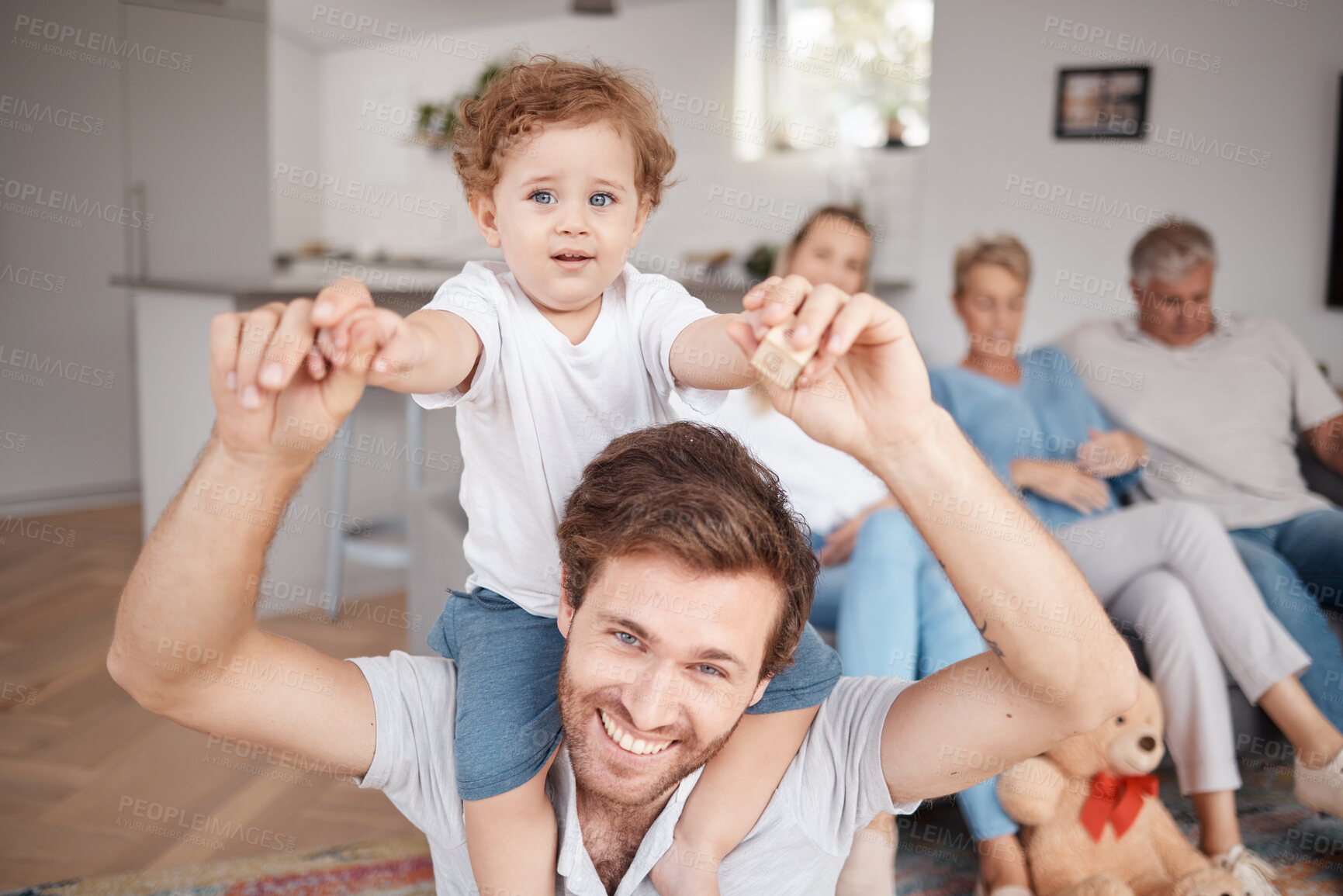 Buy stock photo Happy, love and father with a baby on his shoulder while playing, bonding and relaxing in the living room. Happiness, fun and portrait of dad holding his boy toddler in the lounge of the family home.