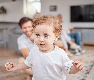 Buy stock photo Baby, learning and walk in family home with toys, education and parents in living room. Child, infant and walking with happy family, happiness and balance on floor, carpet and blurred background