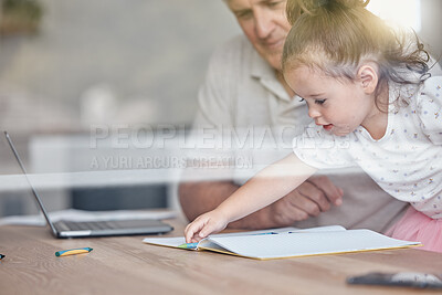 Buy stock photo Children, remote work and family with a grandfather working from home while being a babysitter to his granddaughter. Kids, book and business with a senior man using a laptop with his grandchild