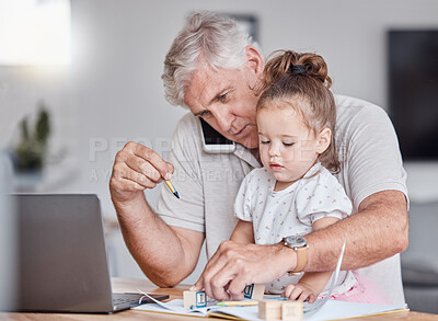 Buy stock photo Remote, phone call and grandfather doing business with a child with toys for learning, education and playing in house. Entrepreneur, networking and senior man with mobile, laptop and girl with blocks