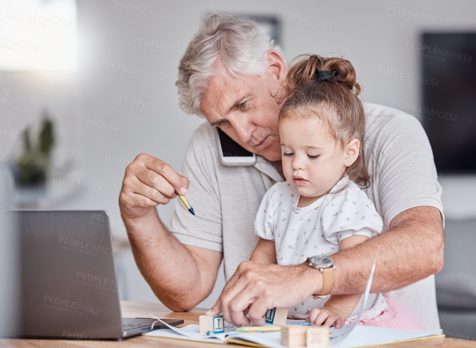 Buy stock photo Remote, phone call and grandfather doing business with a child with toys for learning, education and playing in house. Entrepreneur, networking and senior man with mobile, laptop and girl with blocks