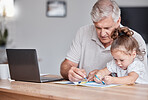 Drawing, color and grandfather with girl in home writing, bonding and doing fun art activity together. Family, love and grandpa sitting at table with young child coloring, using crayons and relax