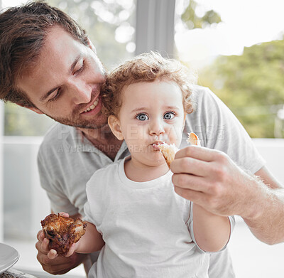 Buy stock photo Meal, father and baby eat lunch with smile, love and happy together in Germany. Portrait, food and child eating bread for nutrition, health and hungry on a lunch in dining room, house or family home