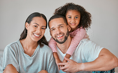 Buy stock photo Family, children and love with a girl, woman and man on a sofa in the living room of their home together. Kids, happy and smile with a mother, father and daughter bonding in a domestic house