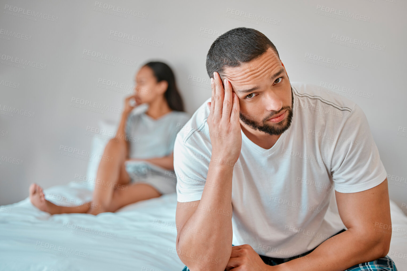 Buy stock photo Couple, divorce and stress in home bedroom, fighting or argument. Portrait, anxiety and unhappy man and woman, sad and depressed after infidelity, toxic relationship or failed marriage in house.
