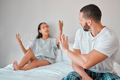 Buy stock photo Argument, stress and couple fighting in bed for breakup, divorce or toxic relationship at home. Break up, angry and upset man and woman arguing in bedroom for cheating, affair or financial difficulty