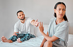 Couple fight, marriage divorce and cheating with conflict, sad and angry partner, frustrated and ignore in bed. Mental health, depression and problem with man and woman together in bedroom conflict