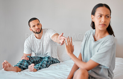 Buy stock photo Couple fight, marriage divorce and cheating with conflict, sad and angry partner, frustrated and ignore in bed. Mental health, depression and problem with man and woman together in bedroom conflict