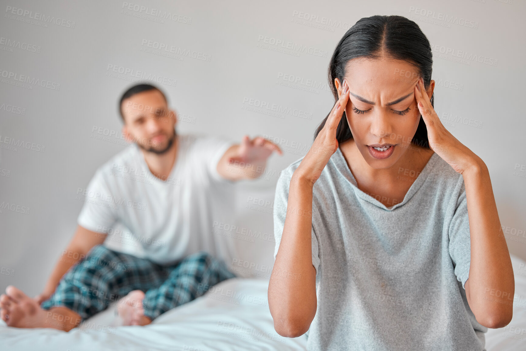 Buy stock photo Couple, fight and stress in bedroom with man and woman arguing about cheating affair. Argument, conflict and divorce with a husband and wife frustrated with relationship problem in the bedroom