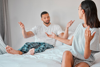 Buy stock photo Confused, conflict and fight of couple in bedroom with doubt, liar and trust problem in marriage. Frustrated, questioning and angry people on bed in discussion on cheating, divorce and decision. 