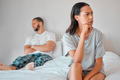 Buy stock photo Couple, fight or divorce for angry woman on bed in house, home or hotel bedroom in cheating affair, scandal or argument. Frustrated, mad or annoyed wife and man in stress, burnout or marriage crisis