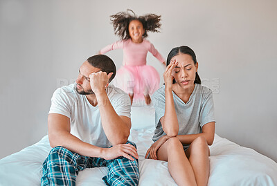 Buy stock photo Adhd, child and parents with headache, stress and anxiety for autism management, energy fatigue and home problem. Marriage, noise and frustrated, tired or chaos with mother, father and hyper fast kid