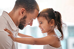 Love, father and girl play, happy and smile with fun, support and trust together in brazil home. Latino man, child and happiness, care and bonding with care, joy and healthy relationship in family