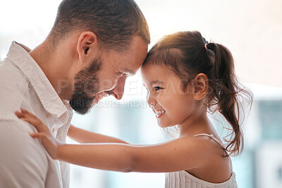 Buy stock photo Love, father and girl play, happy and smile with fun, support and trust together in brazil home. Latino man, child and happiness, care and bonding with care, joy and healthy relationship in family