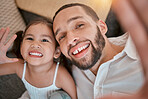 Happy, love and father take a selfie for a social media memory with a smile on their faces relaxing at home on a sofa. Happiness, papa and girl toddler enjoy taking pictures as a fun happy family